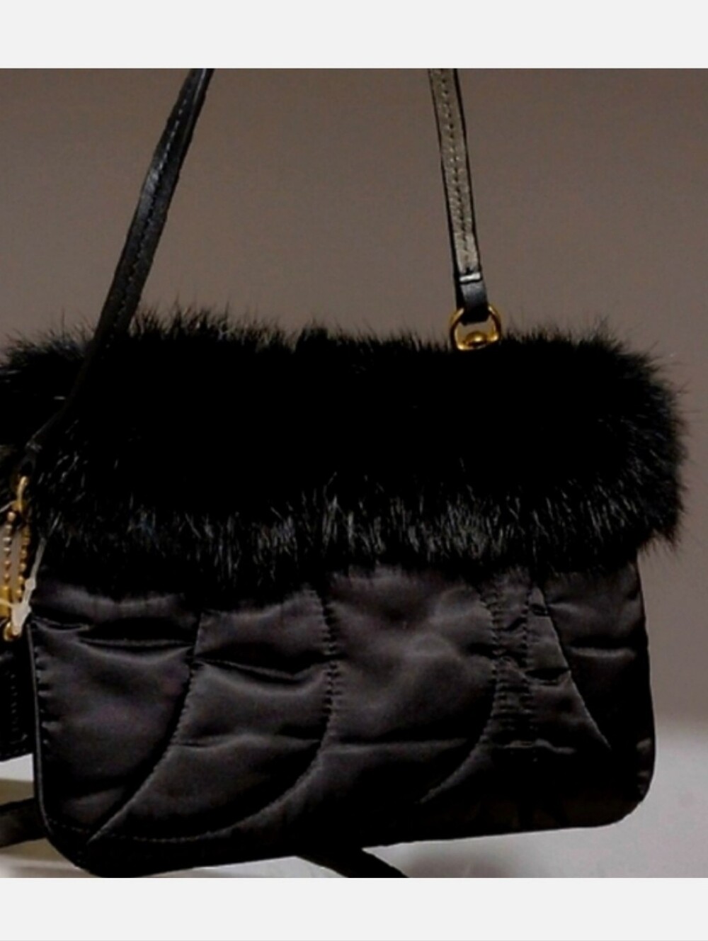 Coach Soho Black Quilted Ski Rabbit Fur Trim Mini Handbag Wristlet & Hang Tag